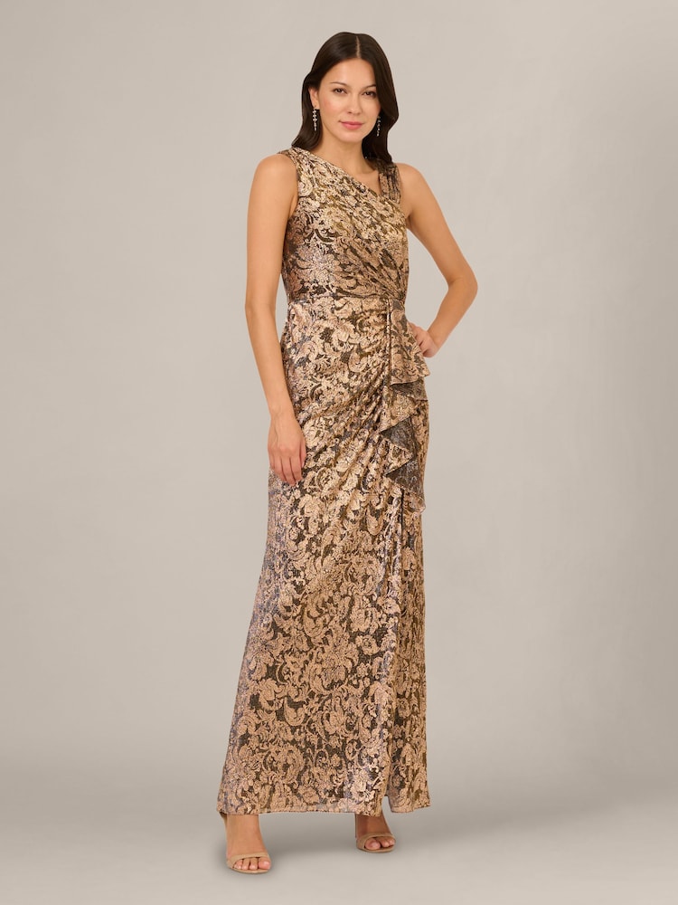 Adrianna Papell Brown Metallic Crinkle Long Dress - Image 1 of 6 Adrianna Papell Brown Metallic Crinkle Long Dress - Image 1 of 6