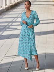 Sosandar Blue Geometric Print Long Sleeve Wrap Dress - Image 1 of 6