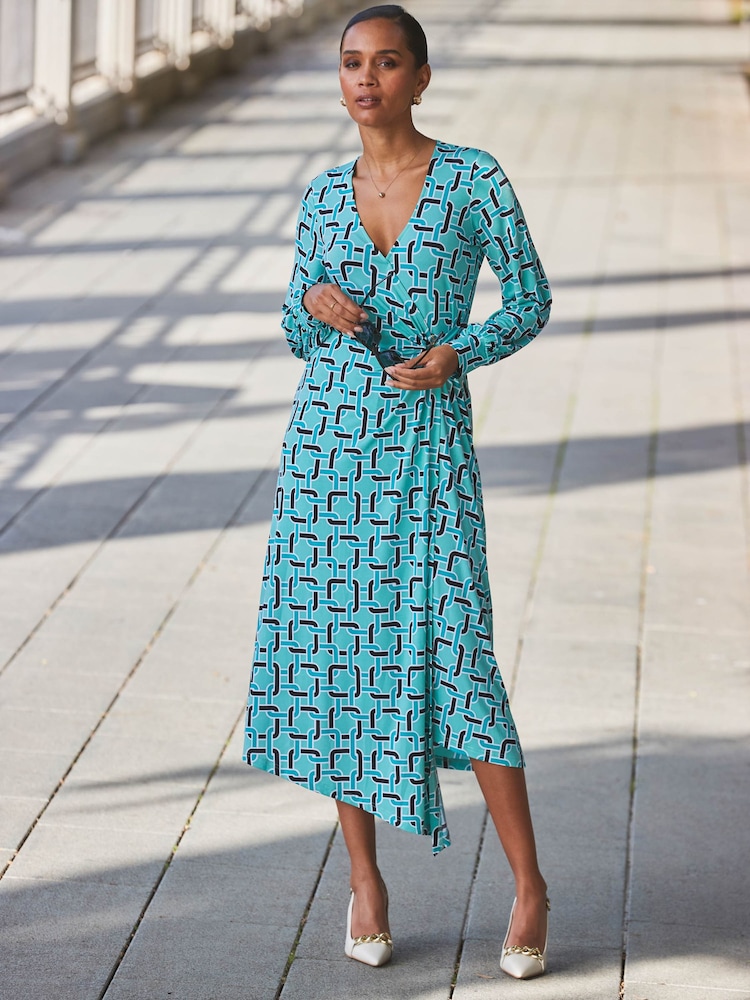 Sosandar Blue Geometric Print Long Sleeve Wrap Dress - Image 1 of 6