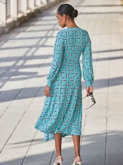 Sosandar Blue Geometric Print Long Sleeve Wrap Dress - Image 3 of 6