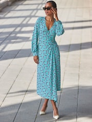 Sosandar Blue Geometric Print Long Sleeve Wrap Dress - Image 4 of 6