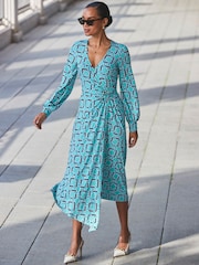 Sosandar Blue Geometric Print Long Sleeve Wrap Dress - Image 5 of 6