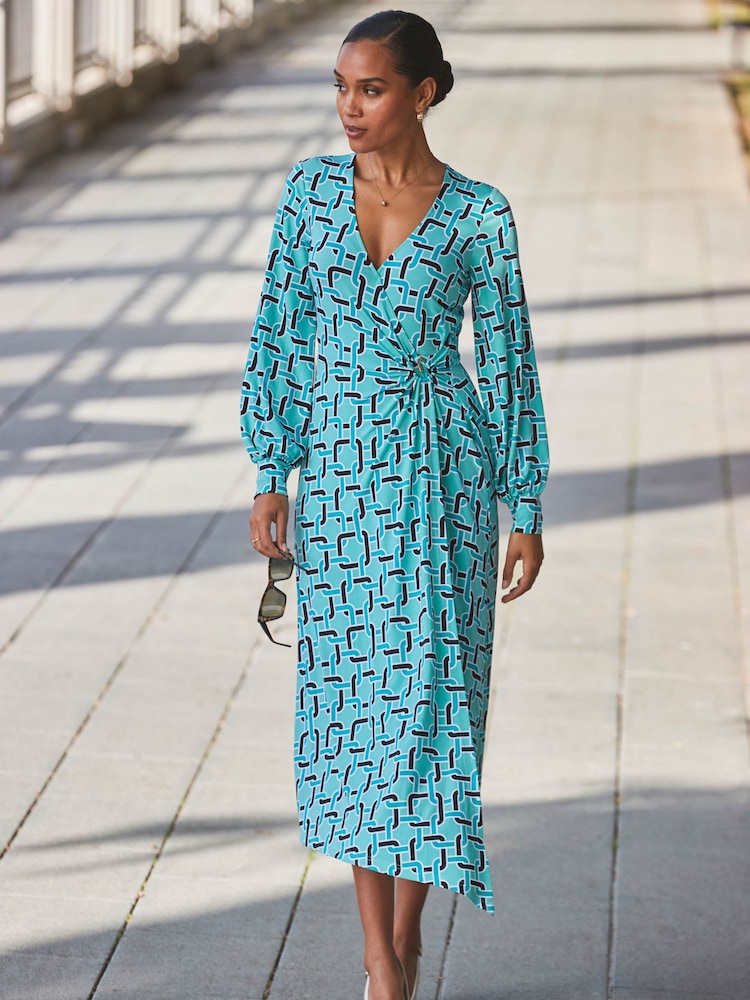 Sosandar Blue Geometric Print Long Sleeve Wrap Dress - Image 6 of 6