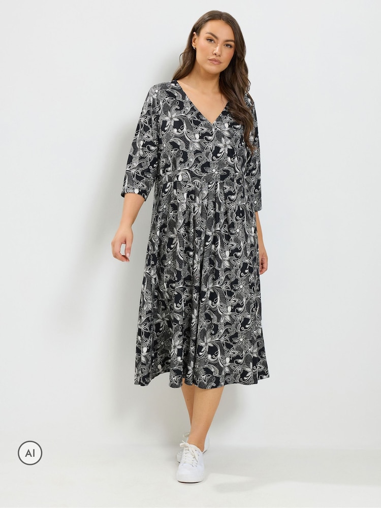 Yours Curve Black Floral Soft Touch Wrap Dress - Image 1 of 6