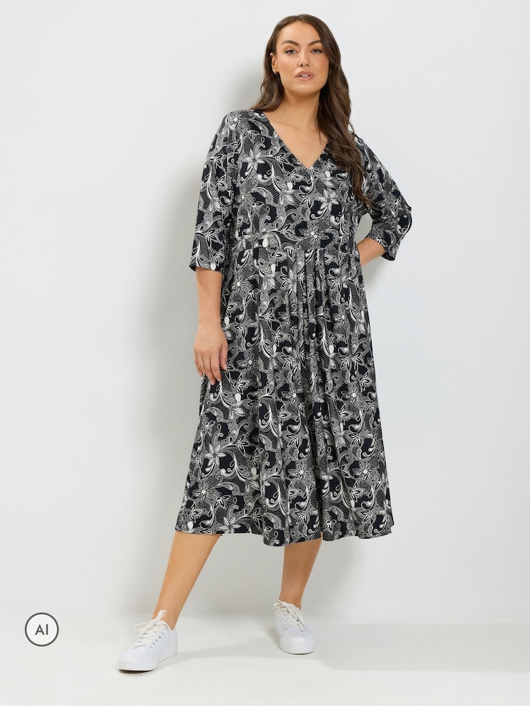 Yours Curve Black Floral Soft Touch Wrap Dress - Image 2 of 6