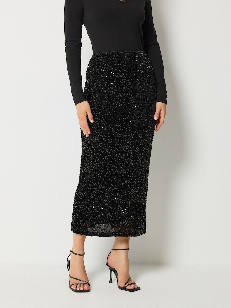Long Tall Sally Black Sequin Velvet Maxi Skirt - Image 2 of 4 Long Tall Sally Black Sequin Velvet Maxi Skirt - Image 2 of 4