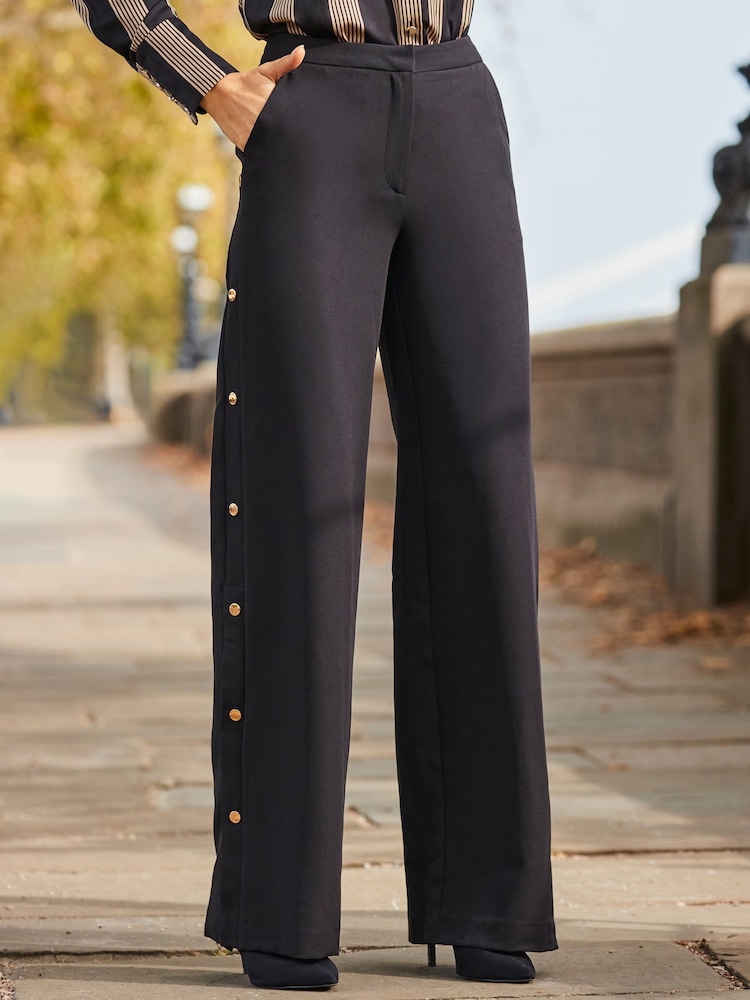 Sosandar Black Wide Leg Trousers With Side Poppers - Image 1 of 6