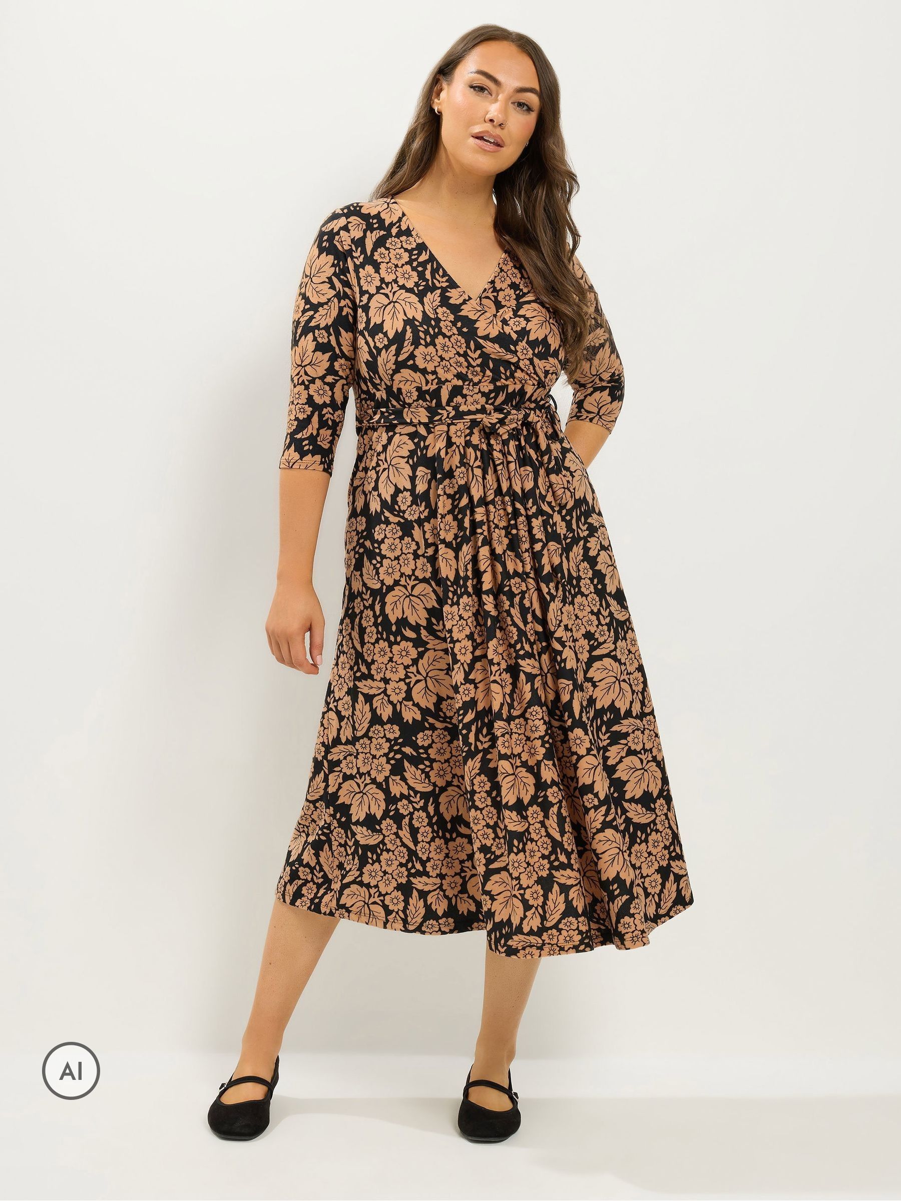 Yours Women's Floral Print Soft Touch Wrap Dress in Black | Size: 26-28 - Image 8