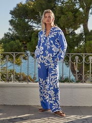 Blau/Weiß/Bedruckt - Hose mit Leinenanteil, weitem Bein und Bindegürtel - Bild 1 von 7