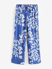 Blau/Weiß/Bedruckt - Hose mit Leinenanteil, weitem Bein und Bindegürtel - Bild 6 von 7