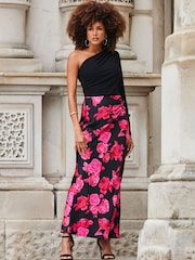 Sosandar Black Floral Print Ruched Detail Satin Maxi Skirt - Image 1 of 5