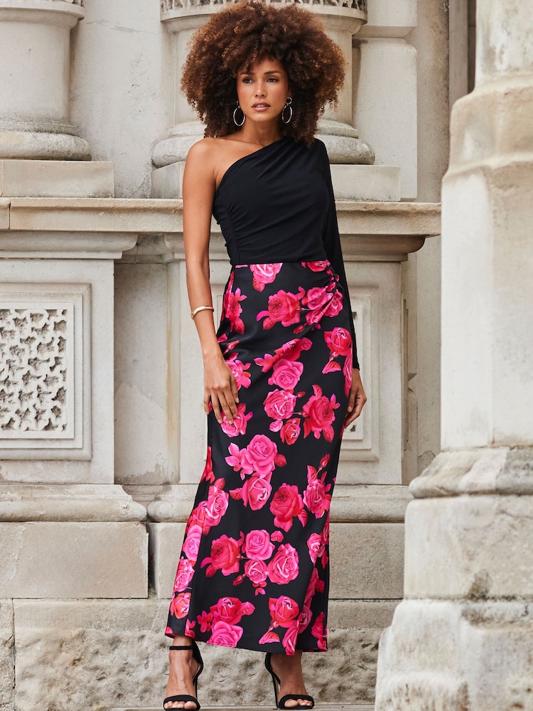 Sosandar Black Floral Print Ruched Detail Satin Maxi Skirt - Image 1 of 5