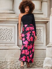 Sosandar Black Floral Print Ruched Detail Satin Maxi Skirt - Image 4 of 5