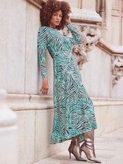 Sosandar Blue Zebra Print Pleated Wrap Front Dress - Image 1 of 6