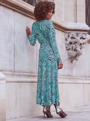 Sosandar Blue Zebra Print Pleated Wrap Front Dress - Image 3 of 6