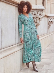 Sosandar Blue Zebra Print Pleated Wrap Front Dress - Image 4 of 6