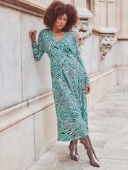 Sosandar Blue Zebra Print Pleated Wrap Front Dress - Image 5 of 6