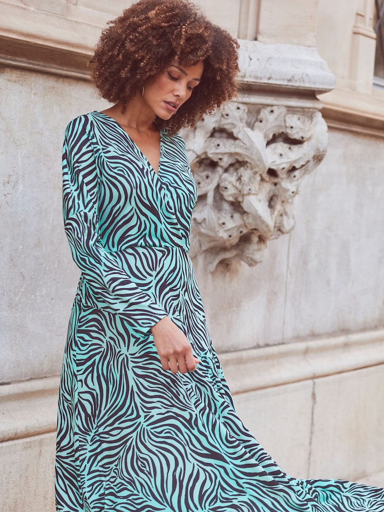 Sosandar Blue Zebra Print Pleated Wrap Front Dress - Image 6 of 6