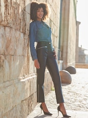 Sosandar Black Zip Detail Straight Leg Leather Trousers - Image 5 of 5