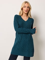 M&Co Teal Blue V-Neck Cable Knit Tunic Jumper - Image 1 of 6