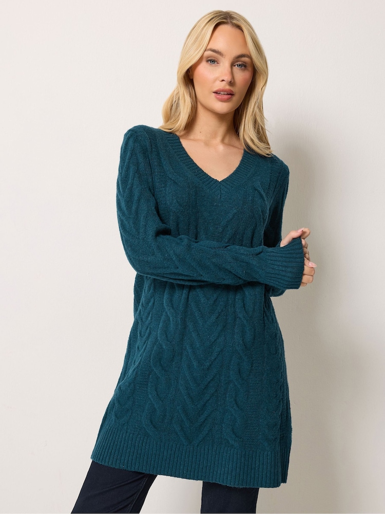 M&Co Teal Blue V-Neck Cable Knit Tunic Jumper - Image 1 of 6 M&Co Teal Blue V-Neck Cable Knit Tunic Jumper - Image 1 of 6