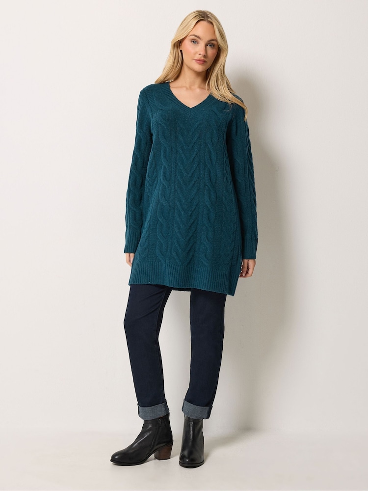 M&Co Teal Blue V-Neck Cable Knit Tunic Jumper - Image 2 of 6 M&Co Teal Blue V-Neck Cable Knit Tunic Jumper - Image 2 of 6