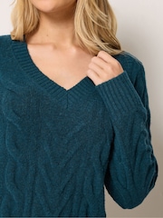 M&Co Teal Blue V-Neck Cable Knit Tunic Jumper - Image 4 of 6