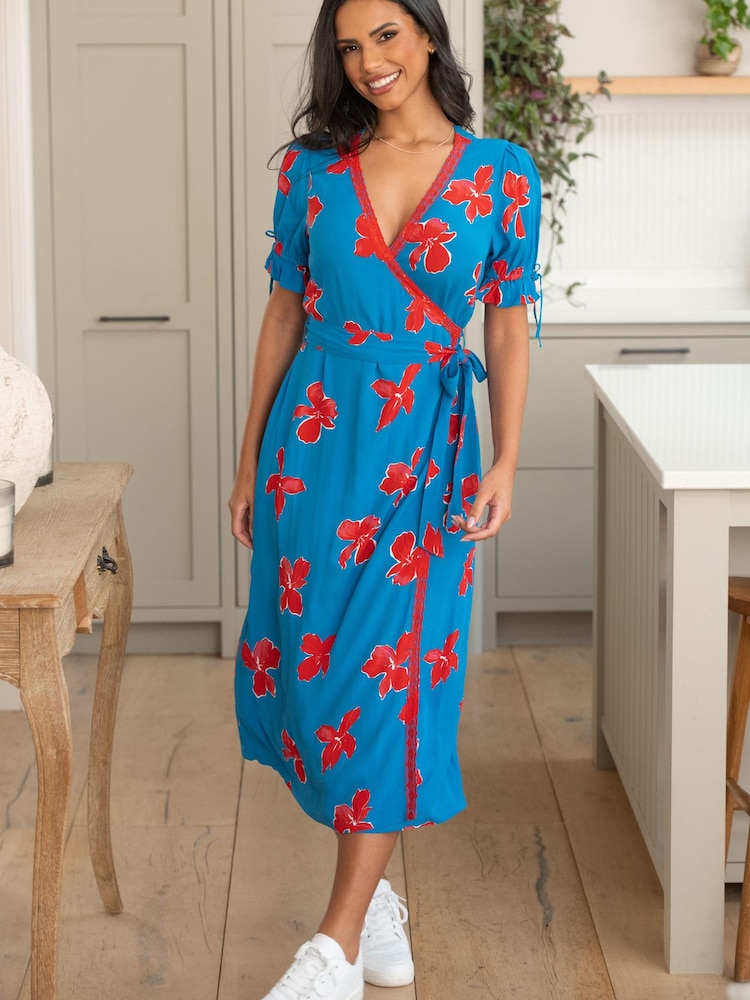 Pour Moi Blue Laney Lace Trim Woven Wrap Midi Dress - Image 1 of 3 Pour Moi Blue Laney Lace Trim Woven Wrap Midi Dress - Image 1 of 3