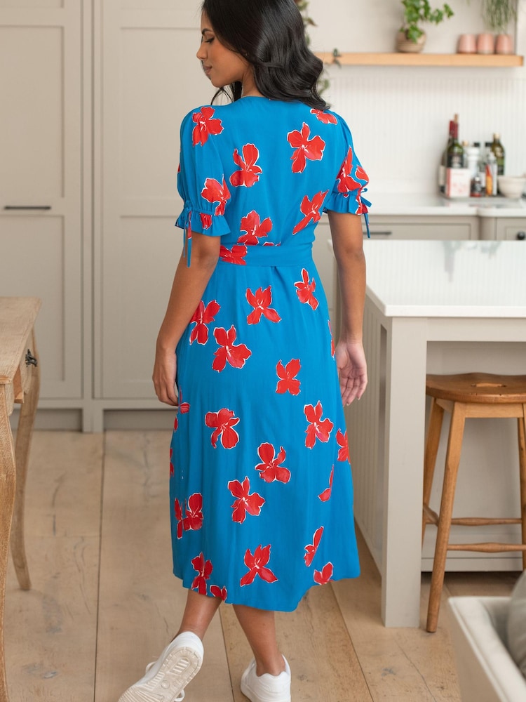 Pour Moi Blue Laney Lace Trim Woven Wrap Midi Dress - Image 2 of 3 Pour Moi Blue Laney Lace Trim Woven Wrap Midi Dress - Image 2 of 3