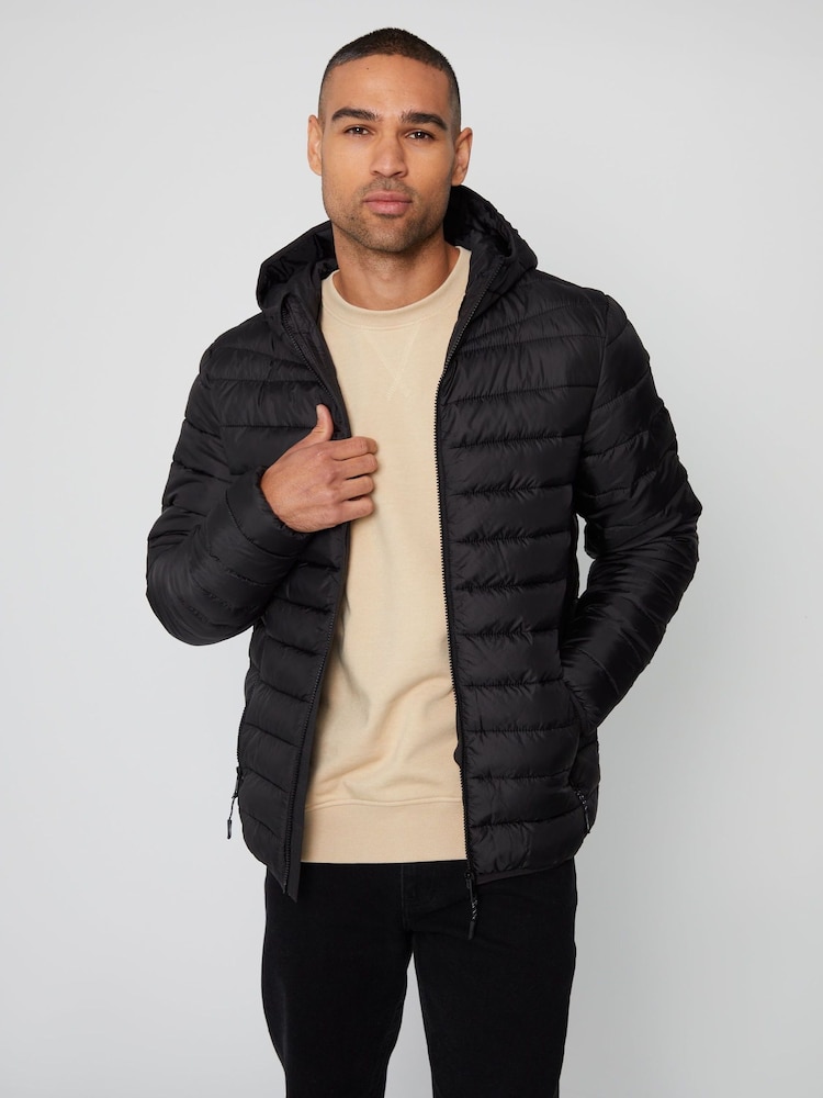 Threadbare Black Matte Finish Padded Hooded Jacket - Image 1 of 4 Threadbare Black Matte Finish Padded Hooded Jacket - Image 1 of 4