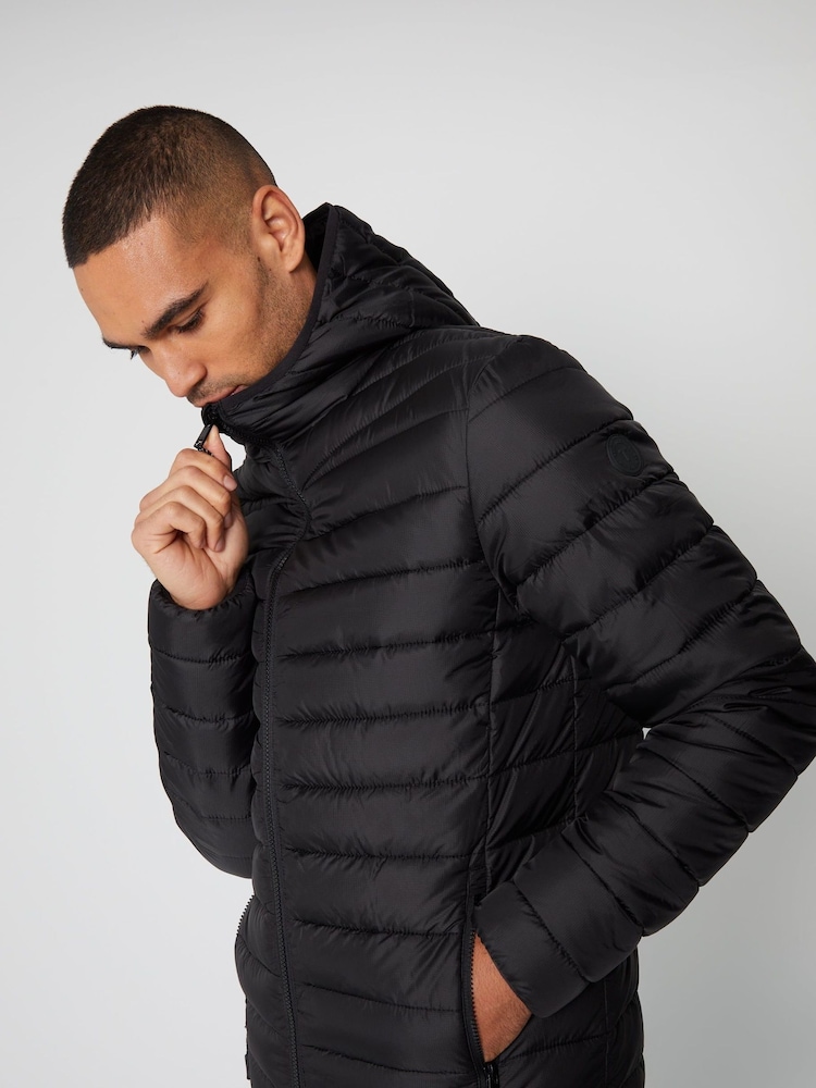 Threadbare Black Matte Finish Padded Hooded Jacket - Image 2 of 4 Threadbare Black Matte Finish Padded Hooded Jacket - Image 2 of 4
