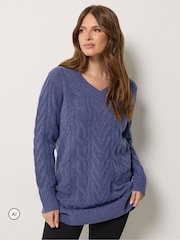 M&Co Blue V-Neck Cable Knit Tunic Jumper - Image 1 of 6