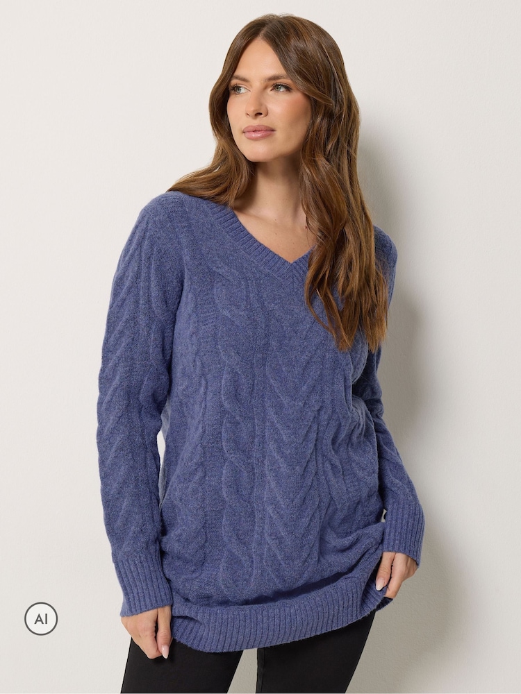 M&Co Blue V-Neck Cable Knit Tunic Jumper - Image 1 of 6 M&Co Blue V-Neck Cable Knit Tunic Jumper - Image 1 of 6