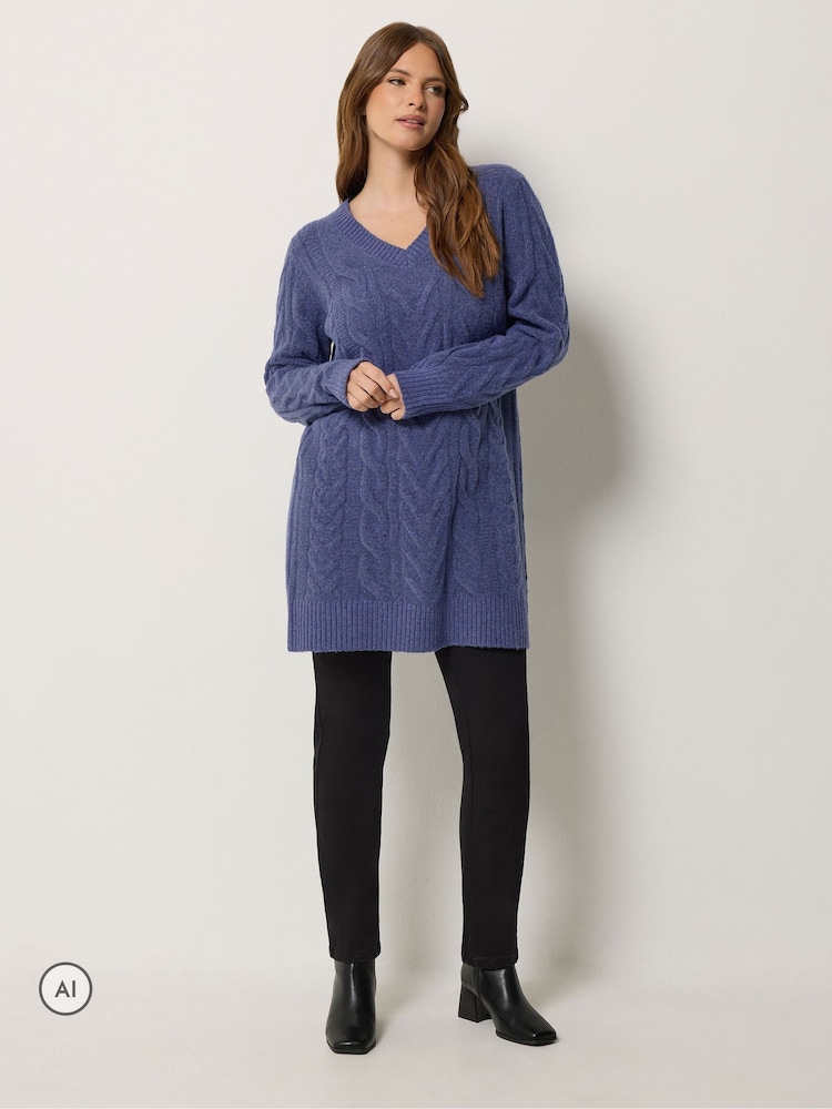M&Co Blue V-Neck Cable Knit Tunic Jumper - Image 2 of 6 M&Co Blue V-Neck Cable Knit Tunic Jumper - Image 2 of 6