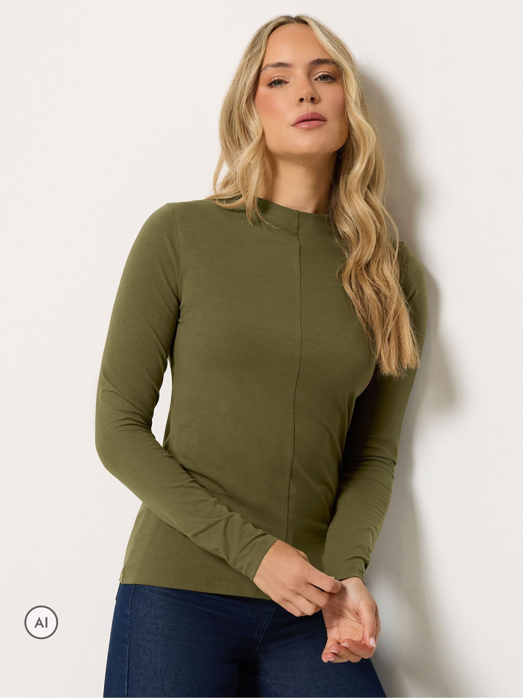 Long Tall Sally Women's Olive Tall Seam Detail Long Sleeve Top In | Size: 8 - Image 3