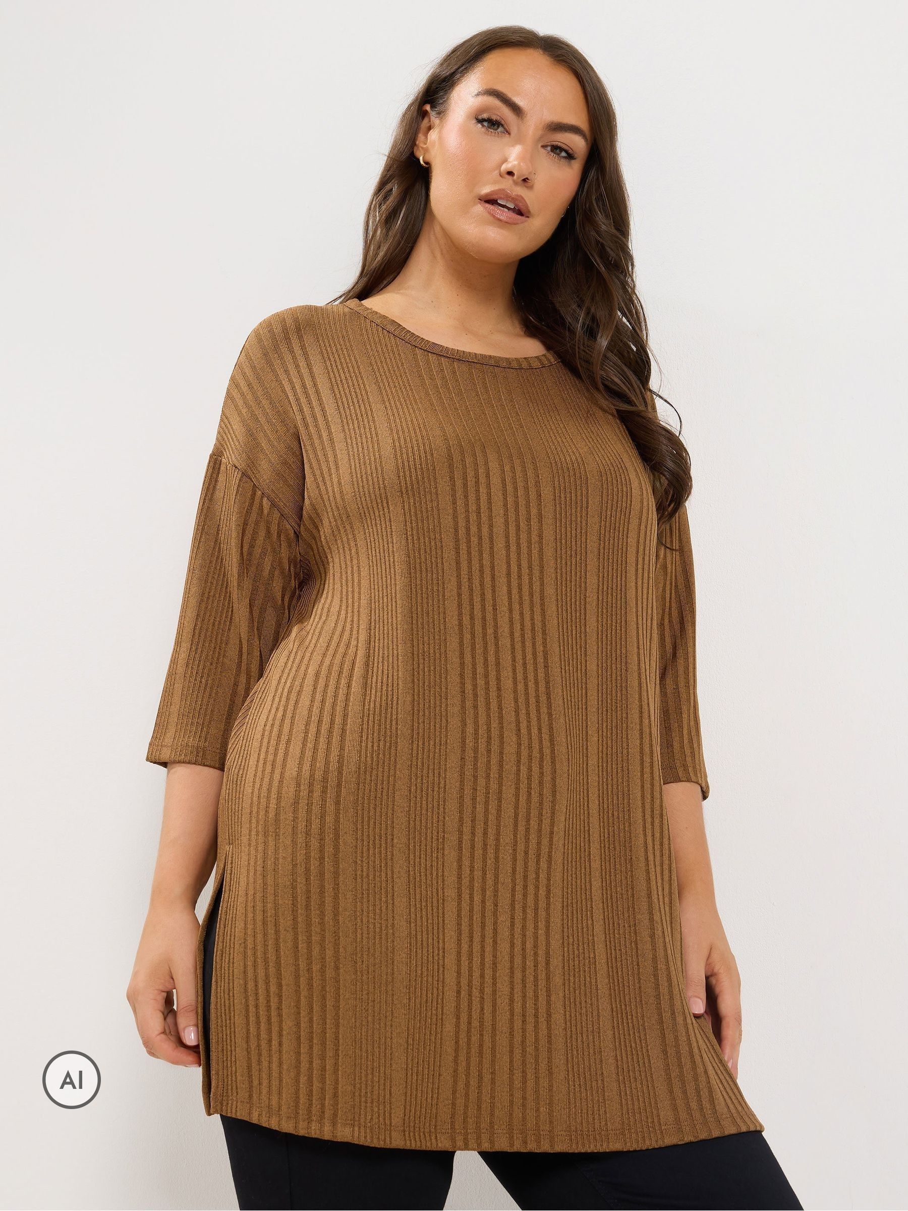 Yours Women's Ribbed Drop Sleeve Top in Brown | Size: 30-32 - Image 5
