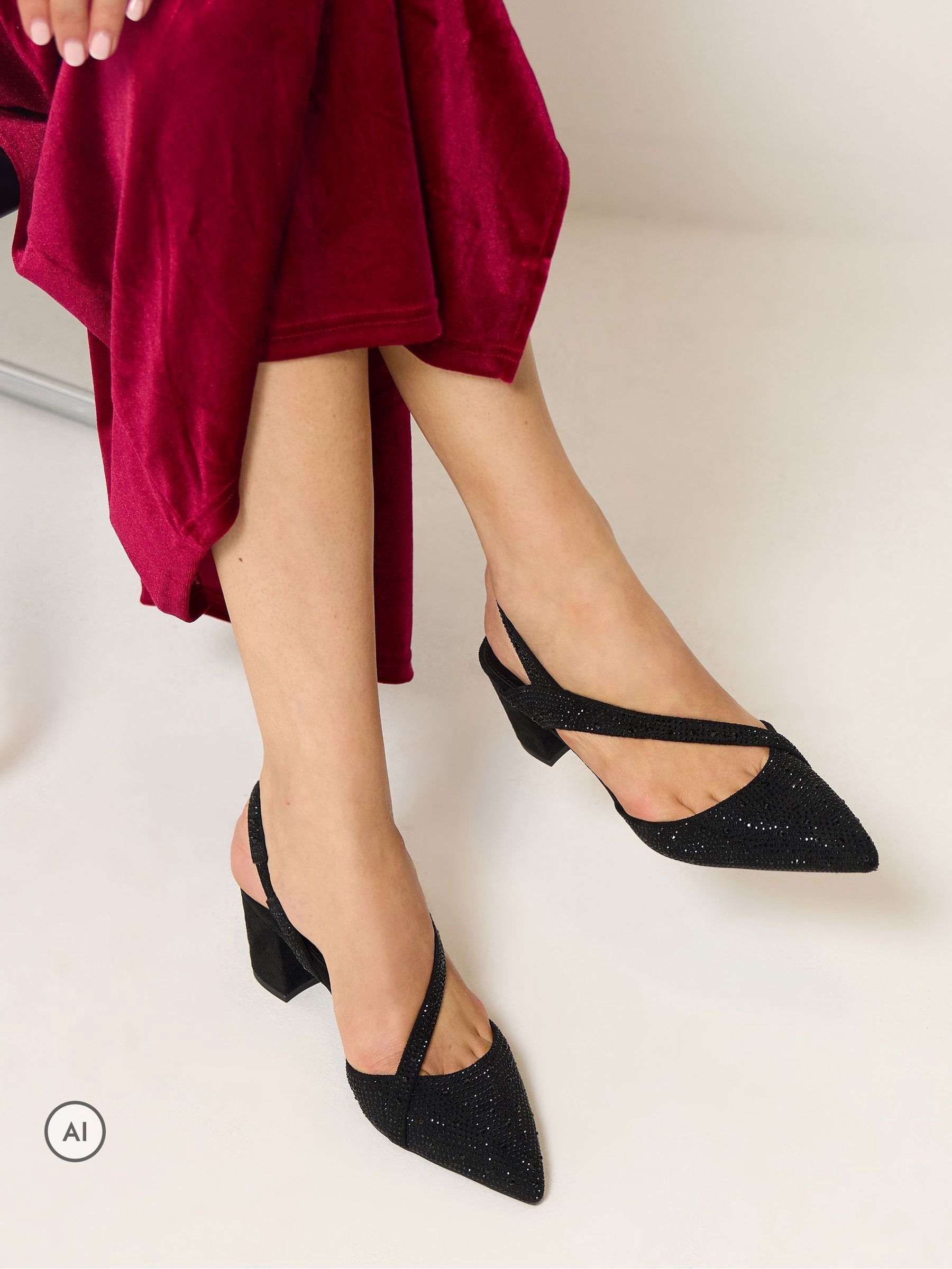 Long Tall Sally Women's Black Diamante Asymmetric Slingback Heels In Standard Fit - Image 1