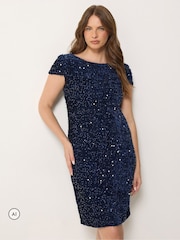 M&Co Blue Sequin Velvet Shift Dress - Image 1 of 6
