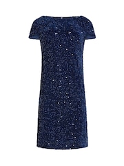 M&Co Blue Sequin Velvet Shift Dress - Image 5 of 6