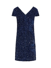 M&Co Blue Sequin Velvet Shift Dress - Image 6 of 6