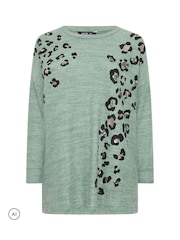 Yours Curve Green Leopard Print Jumper - Image 1 of 2
