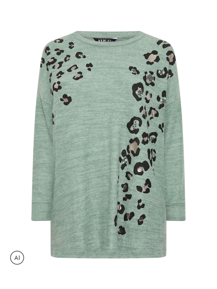 Yours Curve Green Leopard Print Jumper - Image 1 of 2 Yours Curve Green Leopard Print Jumper - Image 1 of 2