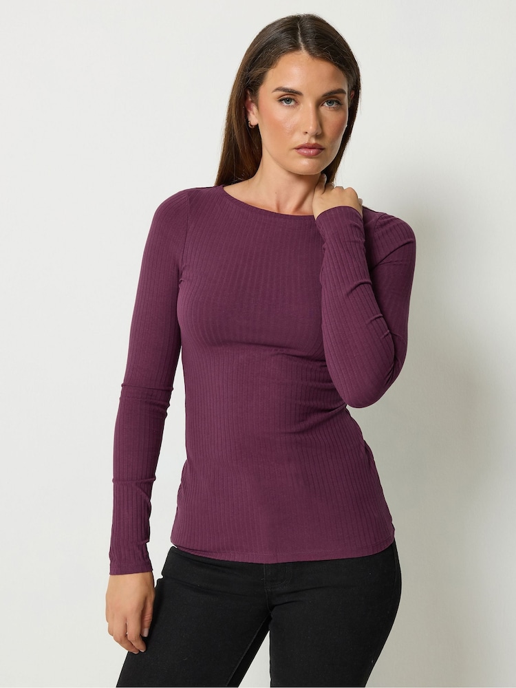 Long Tall Sally Purple Ribbed Boat Neck Top - Image 1 of 6 Long Tall Sally Purple Ribbed Boat Neck Top - Image 1 of 6