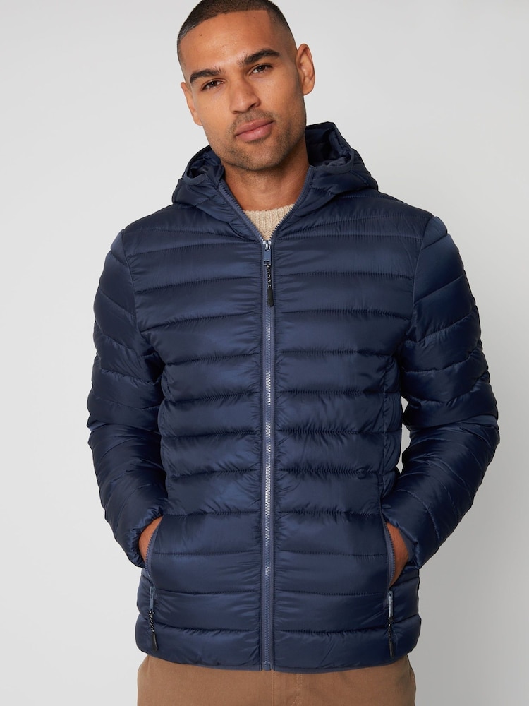 Threadbare Blue Matte Finish Padded Hooded Jacket - Image 1 of 5 Threadbare Blue Matte Finish Padded Hooded Jacket - Image 1 of 5