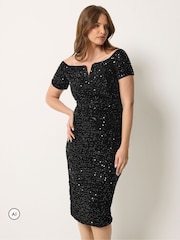 M&Co Black Sequin Velvet Notch Neck Shift Dress - Image 1 of 6