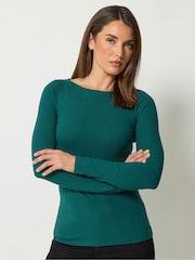 Long Tall Sally Green Ribbed Boat Neck Top - Image 1 of 6