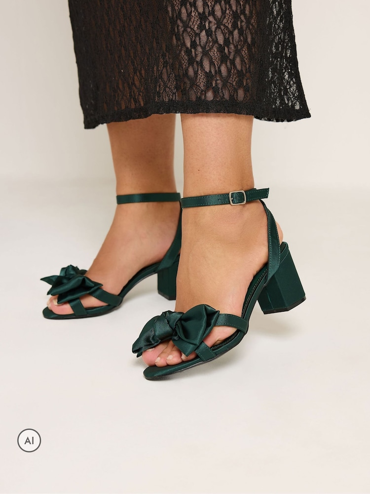 Yours Curve Green Bow Block Heel Sandals In Extra Wide EEE Fit - Image 1 of 5