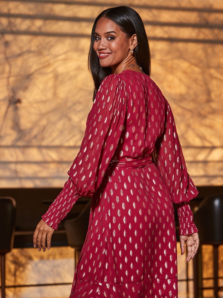 Sosandar Pink Metallic Spot Print Belted Wrap Dress - Image 2 of 4