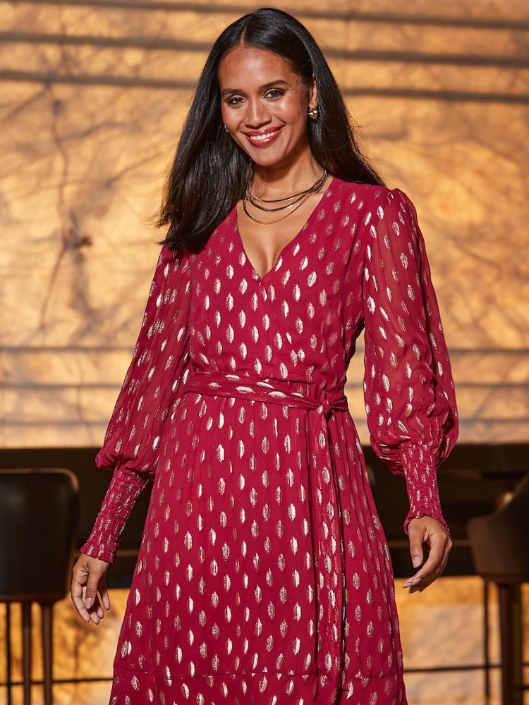 Sosandar Pink Metallic Spot Print Belted Wrap Dress - Image 4 of 4