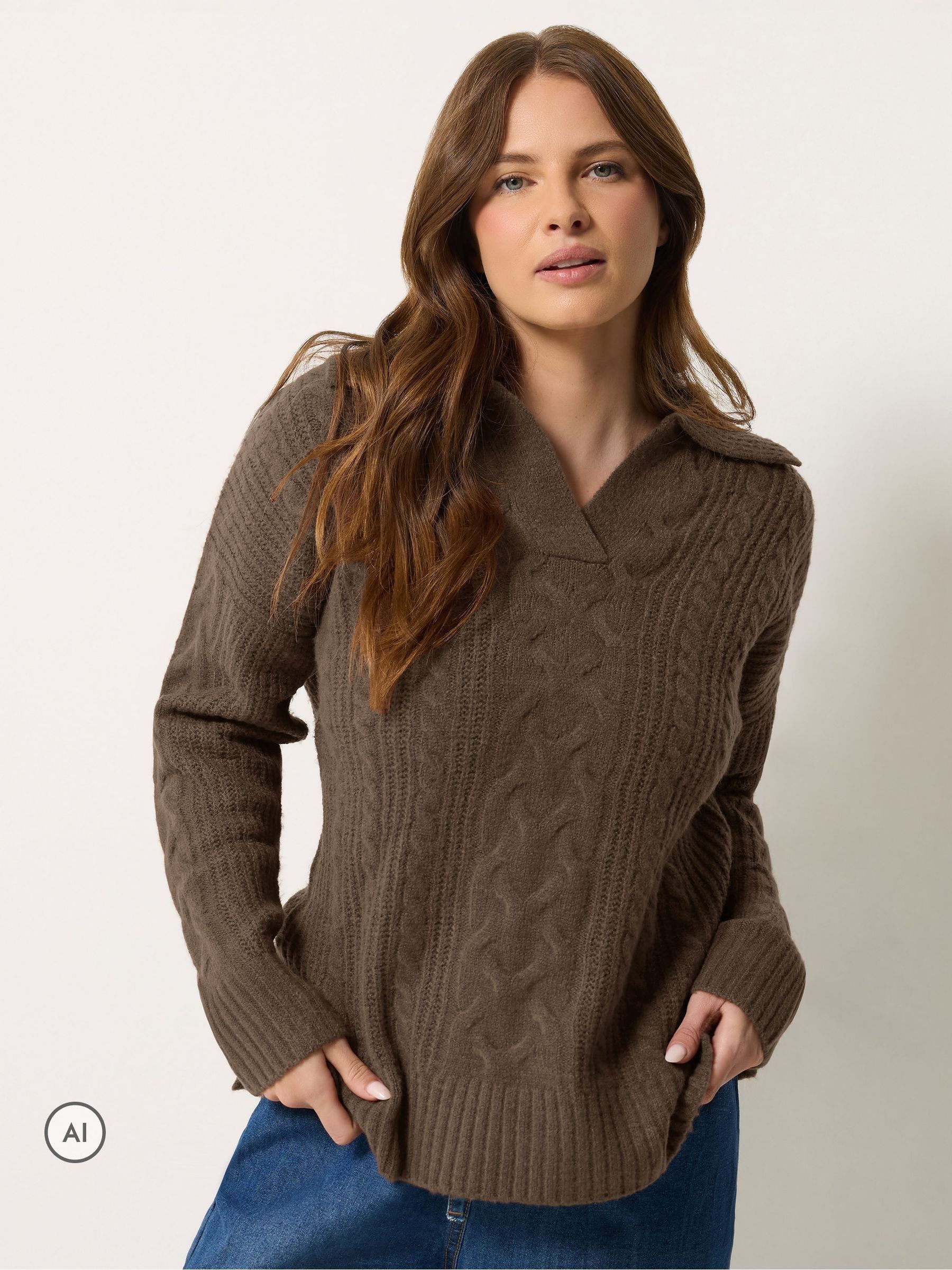 M&Co Women's Chocolate Cable Knit Collared Jumper In Size 18-20 - Image 3